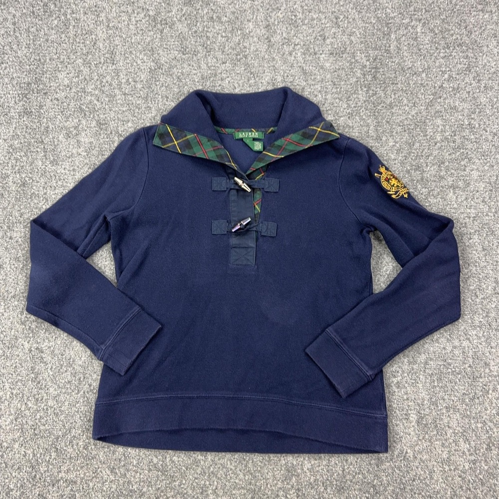 Lauren Ralph Lauren Sweater Womens Small Blue Plaid Collar Toggle Knit Crest